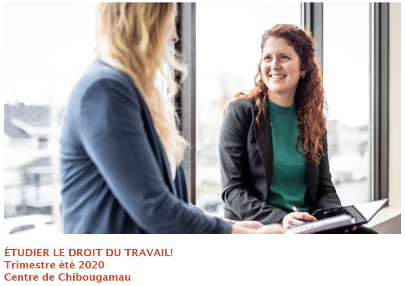 image de deux femmes souriantes. Texte : Étudier le droit du travail, trimestre été 2020, Centre de Chibougamau