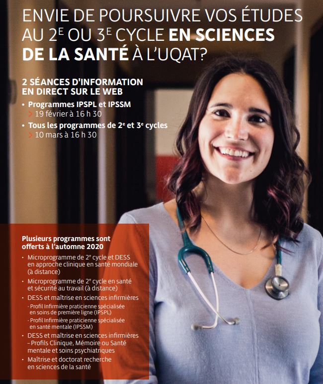 Image d'une infirmière souriante. Texte : Envie de poursuivre vos études au 2e ou 3e cycle en sciences de la santé à l'UQAT?