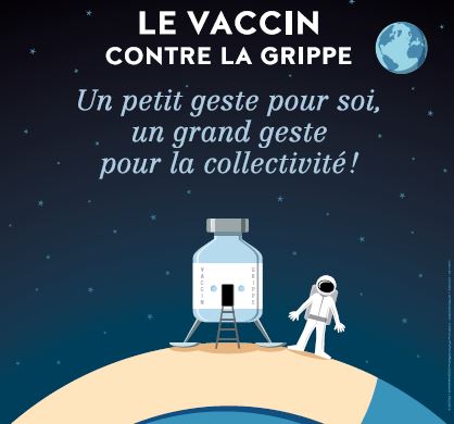 le vaccin contre la grippe : un petit geste pour soi, un grand geste pour la collectivité! Image : fiole et astronaute
